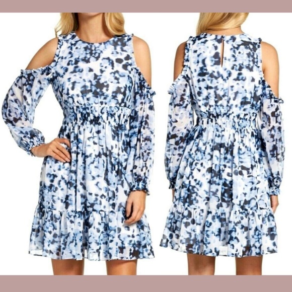 NEW Eliza J [ PLUS 16W ] Leopard Print Cold-Shoulder‎ A-line Dress in White - Picture 1 of 16